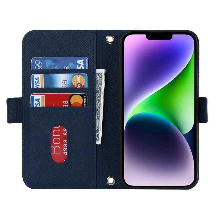 For iPhone 15 Plus Cross Texture Crossbody Lanyard Leather Phone Case(Blue) - iPhone 15 Plus Cases by buy2fix | Online Shopping UK | buy2fix