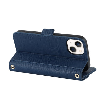 For iPhone 15 Plus Cross Texture Crossbody Lanyard Leather Phone Case(Blue) - iPhone 15 Plus Cases by buy2fix | Online Shopping UK | buy2fix