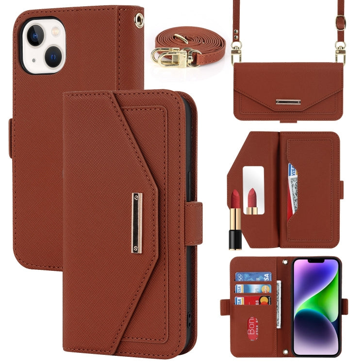 For iPhone 15 Plus Cross Texture Crossbody Lanyard Leather Phone Case(Brown) - iPhone 15 Plus Cases by buy2fix | Online Shopping UK | buy2fix