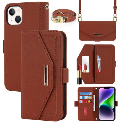 For iPhone 15 Plus Cross Texture Crossbody Lanyard Leather Phone Case(Brown) - iPhone 15 Plus Cases by buy2fix | Online Shopping UK | buy2fix