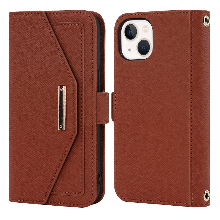 For iPhone 15 Plus Cross Texture Crossbody Lanyard Leather Phone Case(Brown) - iPhone 15 Plus Cases by buy2fix | Online Shopping UK | buy2fix