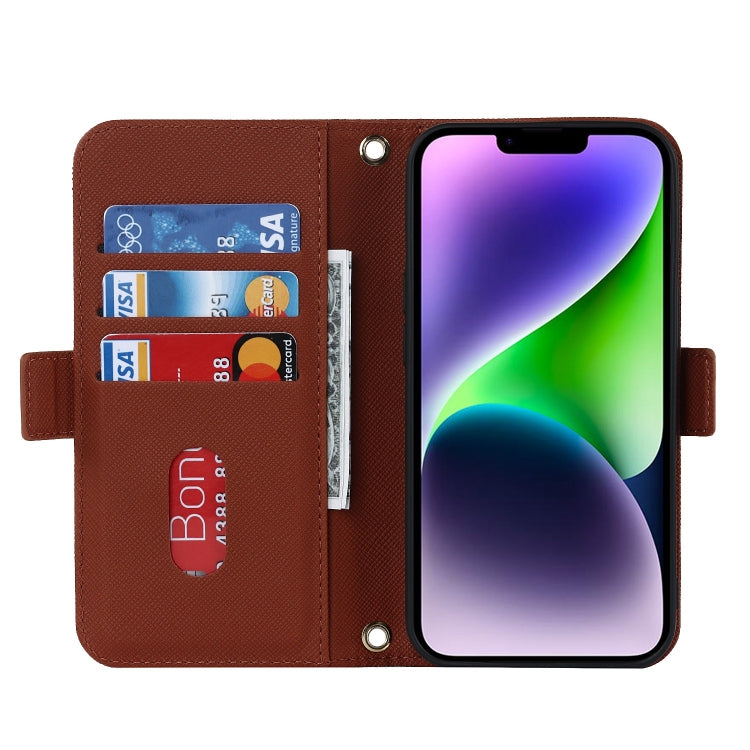 For iPhone 15 Plus Cross Texture Crossbody Lanyard Leather Phone Case(Brown) - iPhone 15 Plus Cases by buy2fix | Online Shopping UK | buy2fix