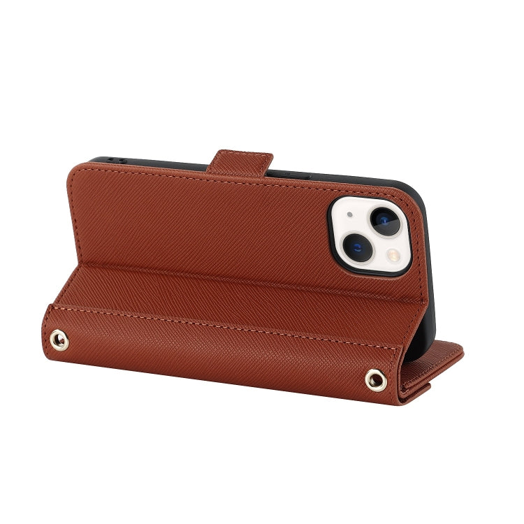 For iPhone 15 Plus Cross Texture Crossbody Lanyard Leather Phone Case(Brown) - iPhone 15 Plus Cases by buy2fix | Online Shopping UK | buy2fix