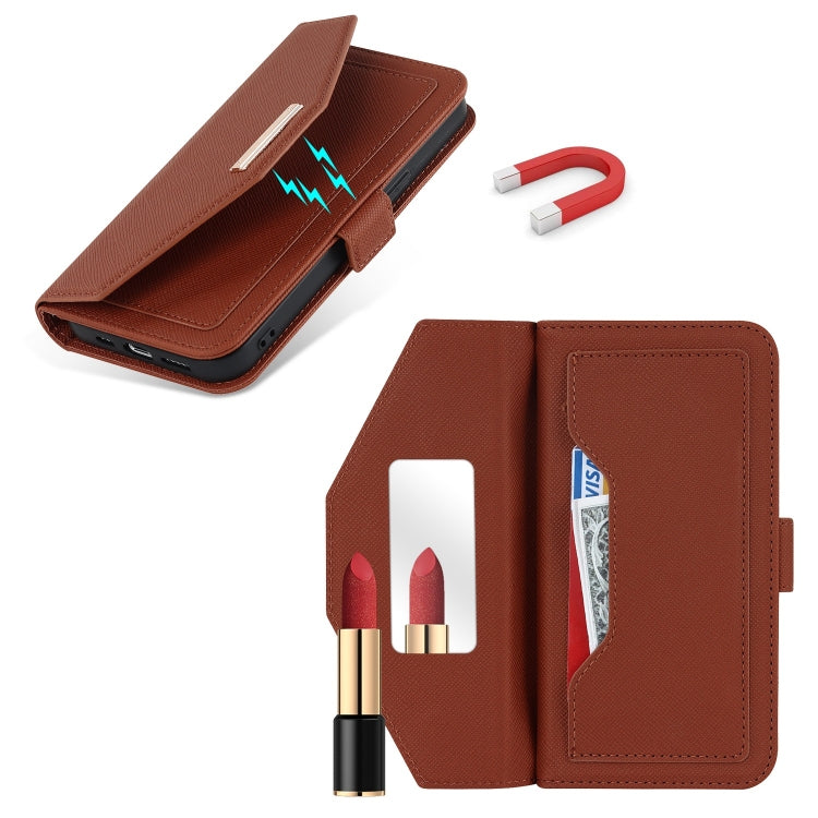 For iPhone 15 Plus Cross Texture Crossbody Lanyard Leather Phone Case(Brown) - iPhone 15 Plus Cases by buy2fix | Online Shopping UK | buy2fix