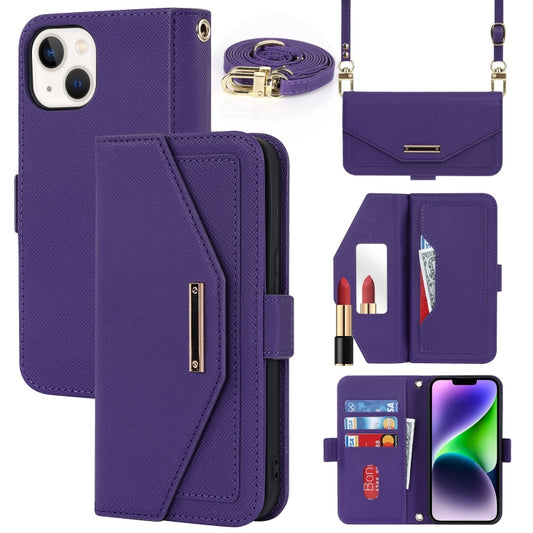 For iPhone 15 Plus Cross Texture Crossbody Lanyard Leather Phone Case(Purple) - iPhone 15 Plus Cases by buy2fix | Online Shopping UK | buy2fix