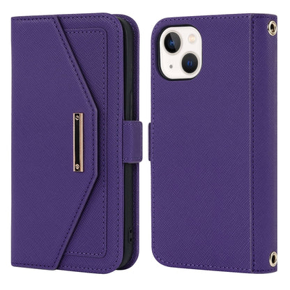 For iPhone 15 Plus Cross Texture Crossbody Lanyard Leather Phone Case(Purple) - iPhone 15 Plus Cases by buy2fix | Online Shopping UK | buy2fix