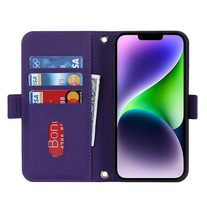 For iPhone 15 Plus Cross Texture Crossbody Lanyard Leather Phone Case(Purple) - iPhone 15 Plus Cases by buy2fix | Online Shopping UK | buy2fix