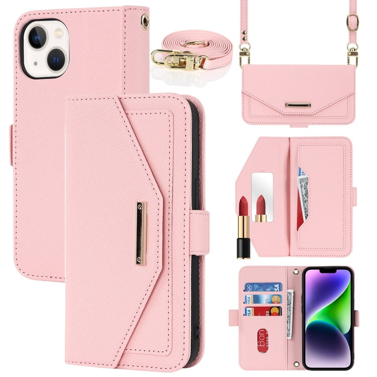 For iPhone 15 Plus Cross Texture Crossbody Lanyard Leather Phone Case(Pink) - iPhone 15 Plus Cases by buy2fix | Online Shopping UK | buy2fix