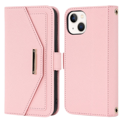 For iPhone 15 Plus Cross Texture Crossbody Lanyard Leather Phone Case(Pink) - iPhone 15 Plus Cases by buy2fix | Online Shopping UK | buy2fix
