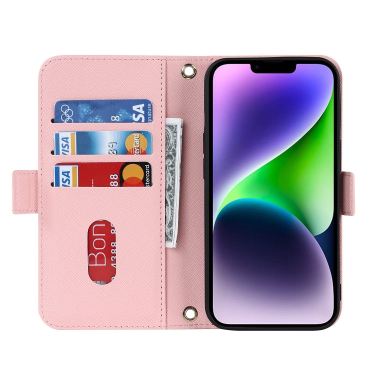 For iPhone 15 Plus Cross Texture Crossbody Lanyard Leather Phone Case(Pink) - iPhone 15 Plus Cases by buy2fix | Online Shopping UK | buy2fix