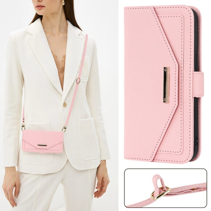 For iPhone 15 Plus Cross Texture Crossbody Lanyard Leather Phone Case(Pink) - iPhone 15 Plus Cases by buy2fix | Online Shopping UK | buy2fix