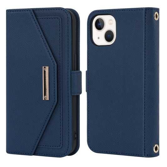 For iPhone 15 Cross Texture Crossbody Lanyard Leather Phone Case(Blue) - iPhone 15 Cases by buy2fix | Online Shopping UK | buy2fix