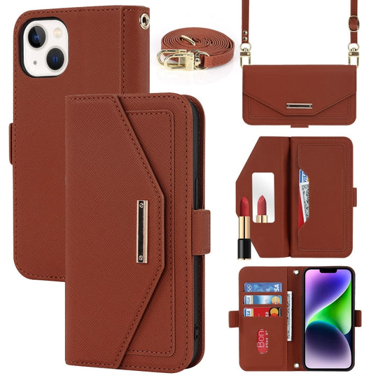 For iPhone 15 Cross Texture Crossbody Lanyard Leather Phone Case(Brown)