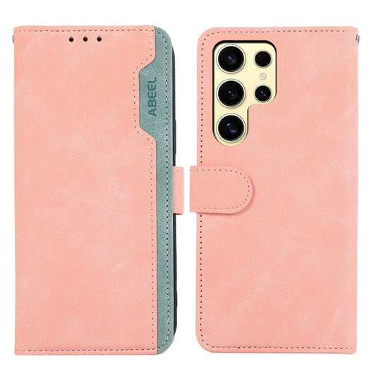 For Samsung Galaxy S25 Ultra 5G ABEEL Color Block Magnetic RFID Leather Phone Case(Pink-Cyan) by buy2fix