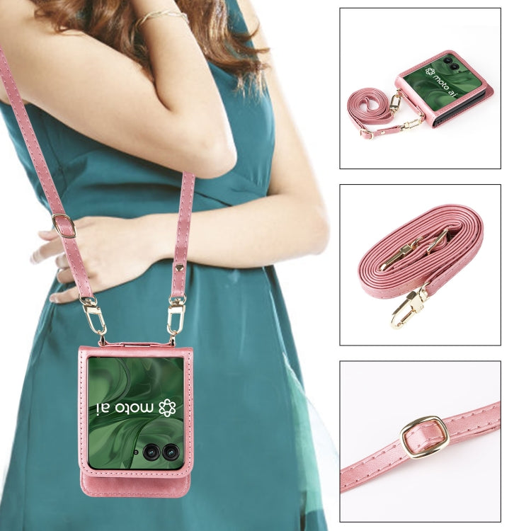 For Motorola Razr 50 Ultra Crossbody Card Bag PU Folding Phone Case(Pink) by buy2fix