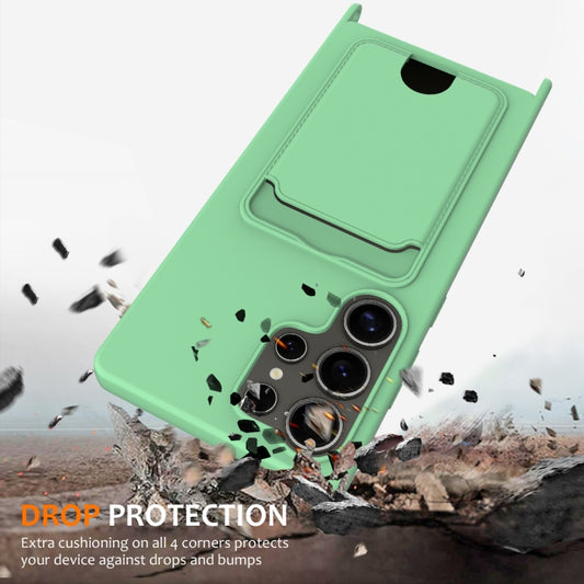 For Samsung Galaxy S25 Ultra 5G Integrated Card Bag Solid Color Liquid Silicone Phone Case with Lanyard(Green) by buy2fix