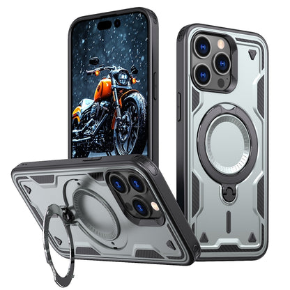 For iPhone 15 Pro PC Hybrid TPU Armor MagSafe Ring Holder Phone Case(Grey) by buy2fix