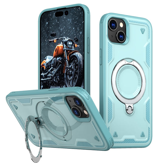For iPhone 15 Plus PC Hybrid TPU Armor MagSafe Ring Holder Phone Case(Light Blue)