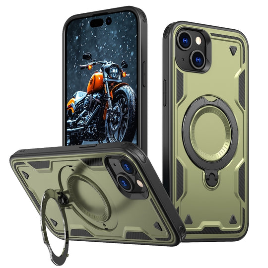 For iPhone 15 Plus PC Hybrid TPU Armor MagSafe Ring Holder Phone Case(Olive Green)