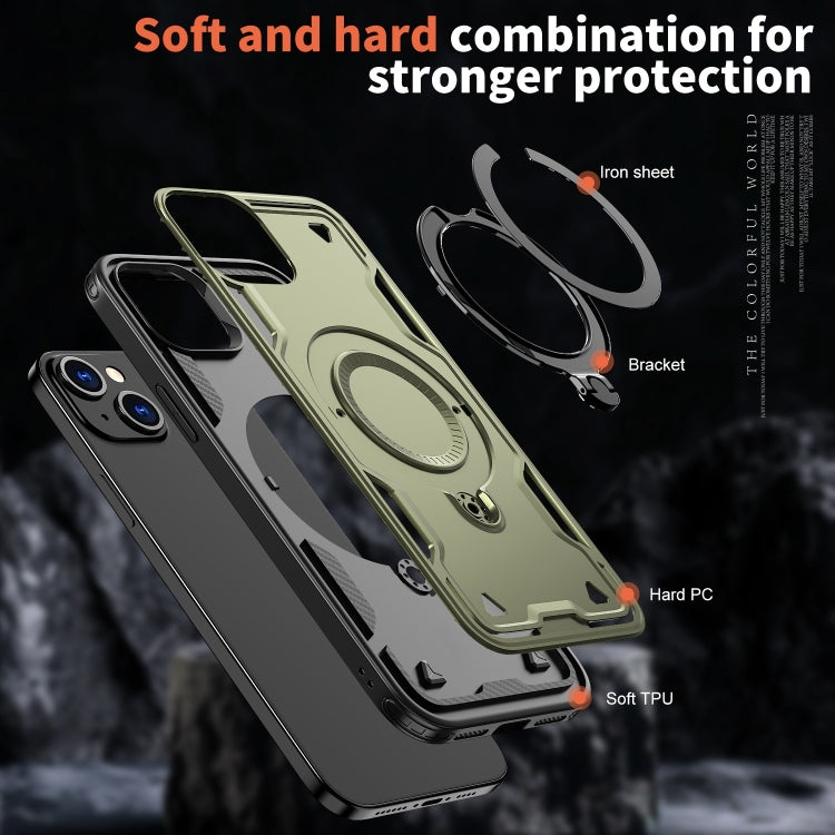For iPhone 15 Plus PC Hybrid TPU Armor MagSafe Ring Holder Phone Case(Olive Green) by buy2fix