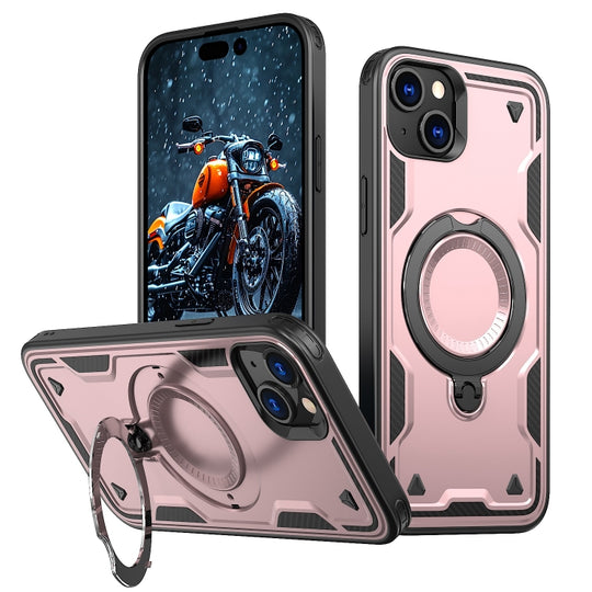 For iPhone 15 Plus PC Hybrid TPU Armor MagSafe Ring Holder Phone Case(Rose Gold)