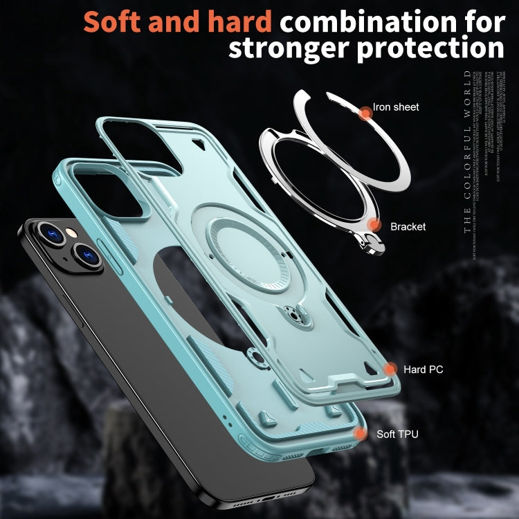 For iPhone 15 PC Hybrid TPU Armor MagSafe Ring Holder Phone Case(Light Blue) by buy2fix