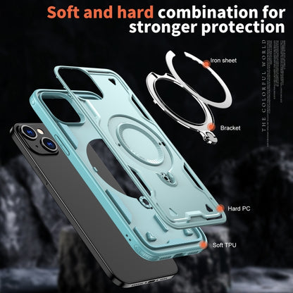 For iPhone 15 PC Hybrid TPU Armor MagSafe Ring Holder Phone Case(Light Blue) by buy2fix