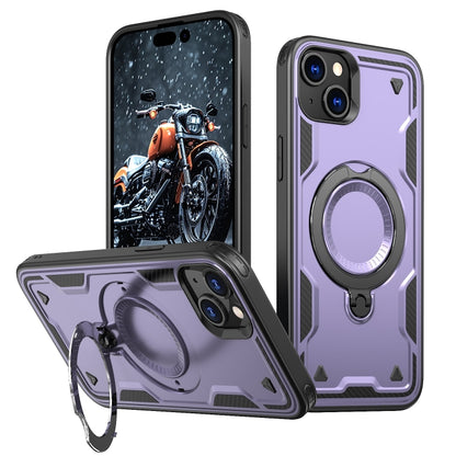 For iPhone 15 PC Hybrid TPU Armor MagSafe Ring Holder Phone Case(Purple) by buy2fix