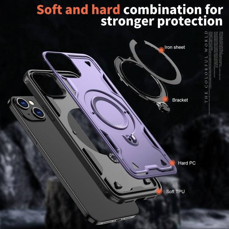 For iPhone 15 PC Hybrid TPU Armor MagSafe Ring Holder Phone Case(Purple) by buy2fix