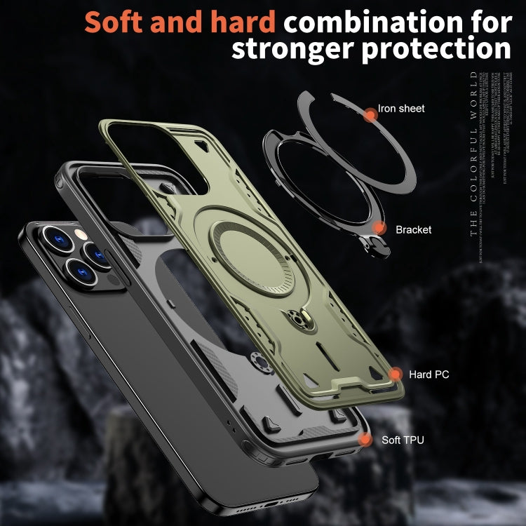 For iPhone 14 Pro Max PC Hybrid TPU Armor MagSafe Ring Holder Phone Case(Olive Green) by buy2fix