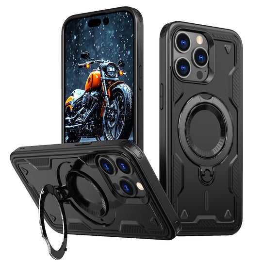 For iPhone 14 Pro Max PC Hybrid TPU Armor MagSafe Ring Holder Phone Case(Black)