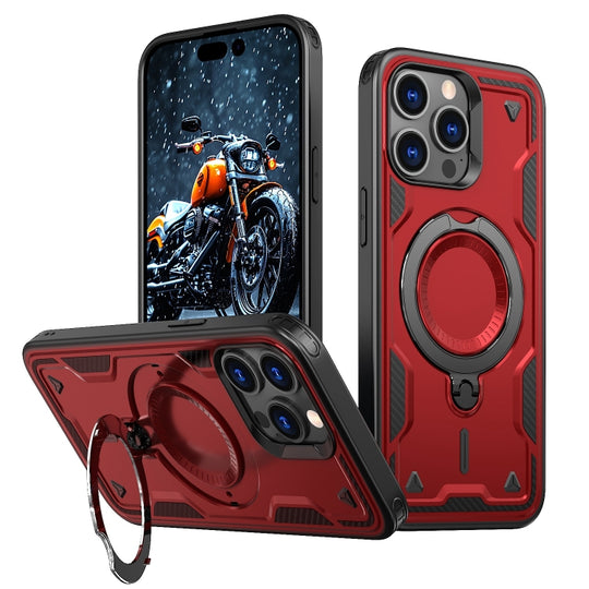 For iPhone 14 Pro Max PC Hybrid TPU Armor MagSafe Ring Holder Phone Case(Red)