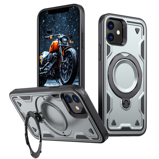 For iPhone 12 PC Hybrid TPU Armor MagSafe Ring Holder Phone Case(Grey) by buy2fix