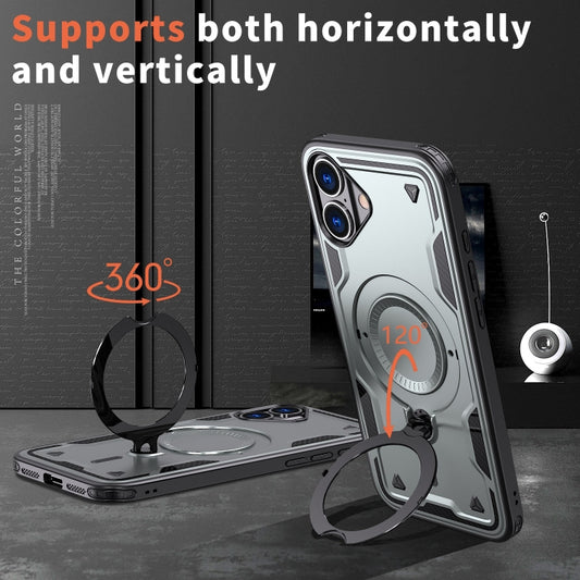 For iPhone 16 Plus PC Hybrid TPU Armor MagSafe Ring Holder Phone Case(Grey) by buy2fix