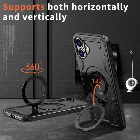 For iPhone 16 PC Hybrid TPU Armor MagSafe Ring Holder Phone Case(Black) by buy2fix