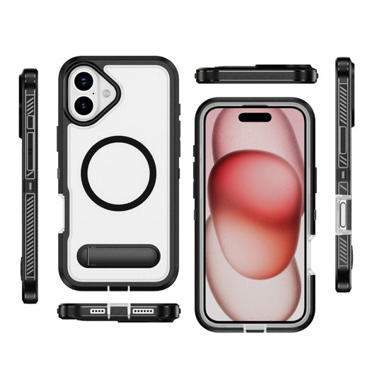 For iPhone 16 Guard MagSafe Holder Matte PC Hybrid TPU Phone Case(Black Transparent) by buy2fix