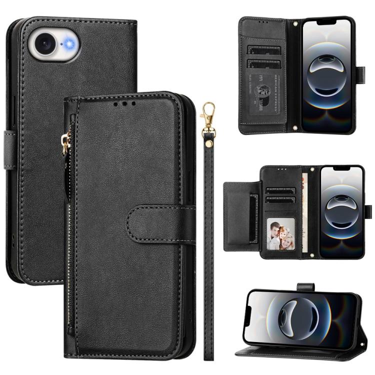 For iPhone 16e Multi-Card Slots Zipper Wallet Leather Phone Case(Black) by buy2fix