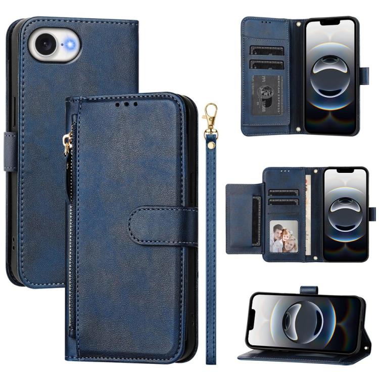 For iPhone 16e Multi-Card Slots Zipper Wallet Leather Phone Case(Blue) by buy2fix