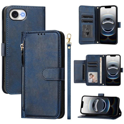 For iPhone 16e Multi-Card Slots Zipper Wallet Leather Phone Case(Blue) by buy2fix
