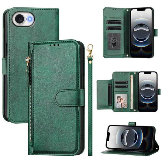 For iPhone 16e Multi-Card Slots Zipper Wallet Leather Phone Case(Green) by buy2fix