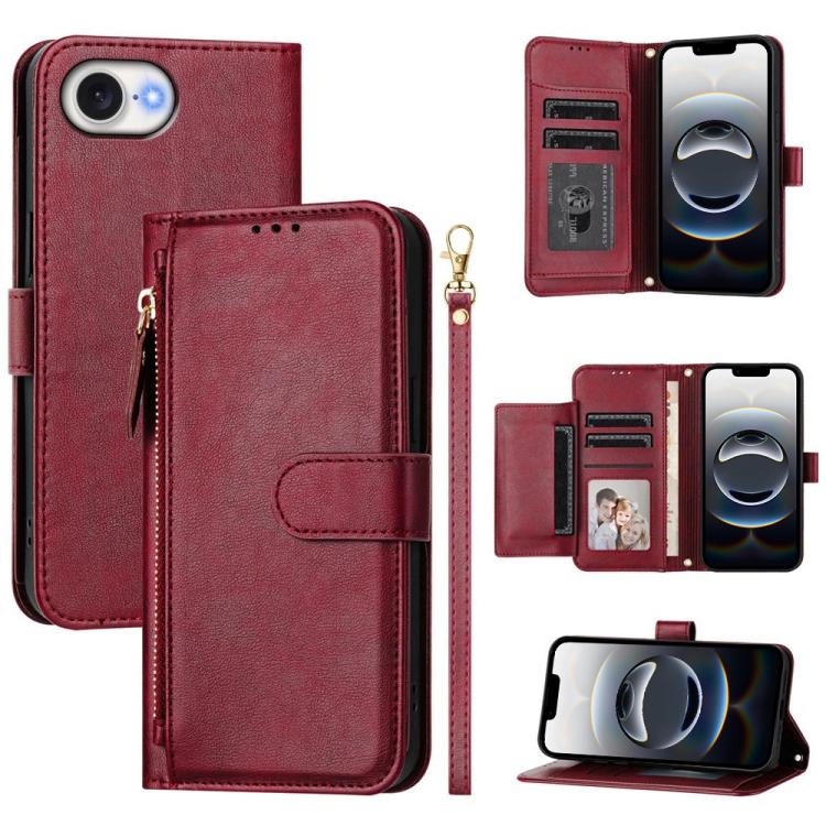 For iPhone 16e Multi-Card Slots Zipper Wallet Leather Phone Case(Dark Red) by buy2fix