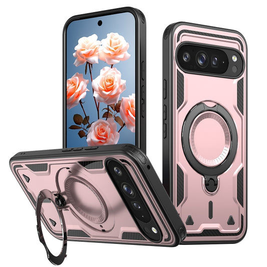 For Google Pixel 9 Pro XL PC Hybrid TPU Armor MagSafe Ring Holder Phone Case(Rose Gold) by buy2fix