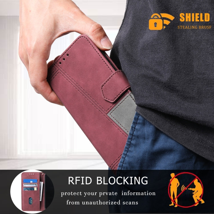 For Samsung Galaxy S25 5G TTUDRCH Embossed Line Splicing Leather Phone Case(Wine Red) - Galaxy S25 5G Cases by buy2fix | Online Shopping UK | buy2fix