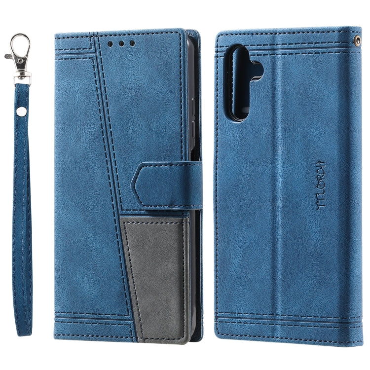 For Samsung Galaxy S25+ 5G TTUDRCH Embossed Line Splicing Leather Phone Case(Blue) - Galaxy S25+ 5G Cases by buy2fix | Online Shopping UK | buy2fix