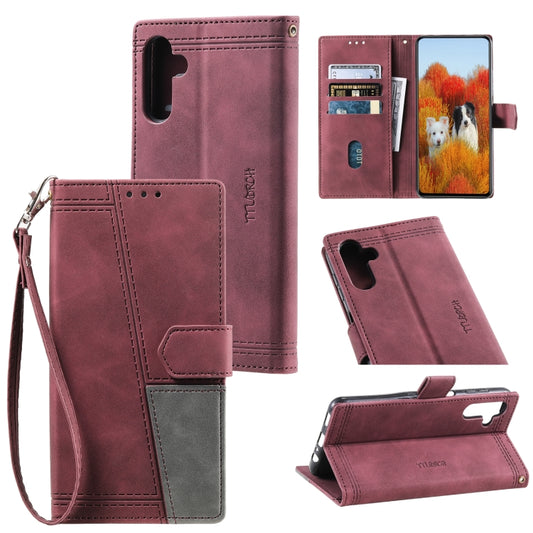For Samsung Galaxy S25+ 5G TTUDRCH Embossed Line Splicing Leather Phone Case(Wine Red) by buy2fix