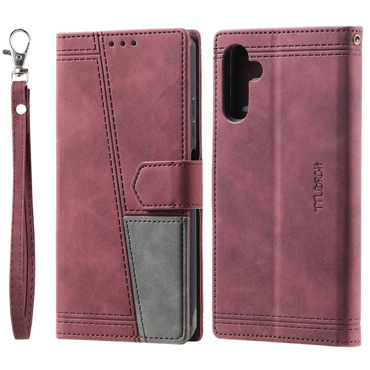 For Samsung Galaxy S25+ 5G TTUDRCH Embossed Line Splicing Leather Phone Case(Wine Red) by buy2fix
