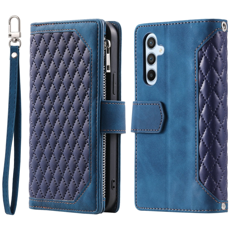 For Samsung Galaxy S25 5G Grid Texture Zipper Leather Phone Case with Lanyard(Blue) by buy2fix