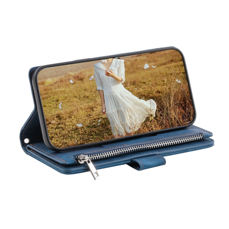 For Samsung Galaxy S25 5G Grid Texture Zipper Leather Phone Case with Lanyard(Blue) by buy2fix