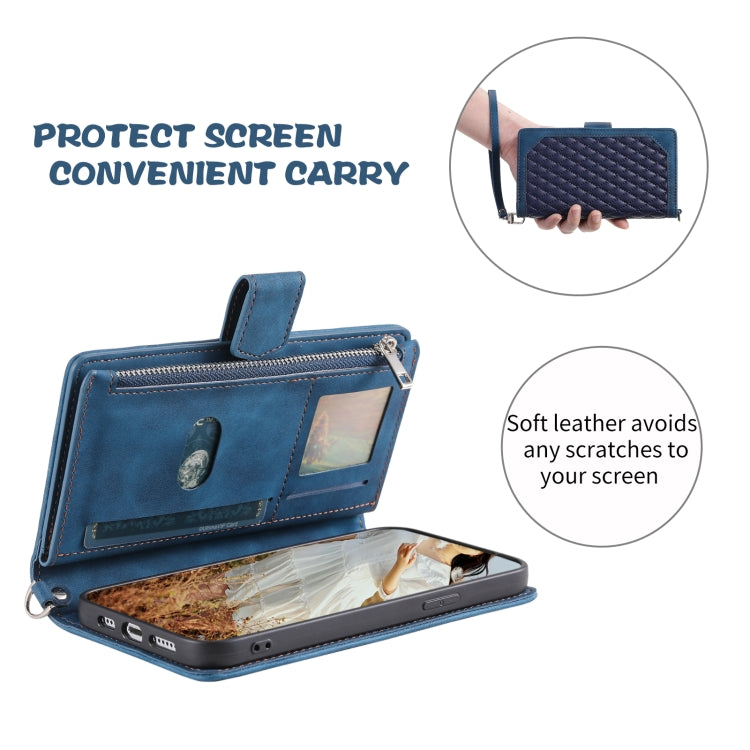 For Samsung Galaxy S25 5G Grid Texture Zipper Leather Phone Case with Lanyard(Blue) by buy2fix