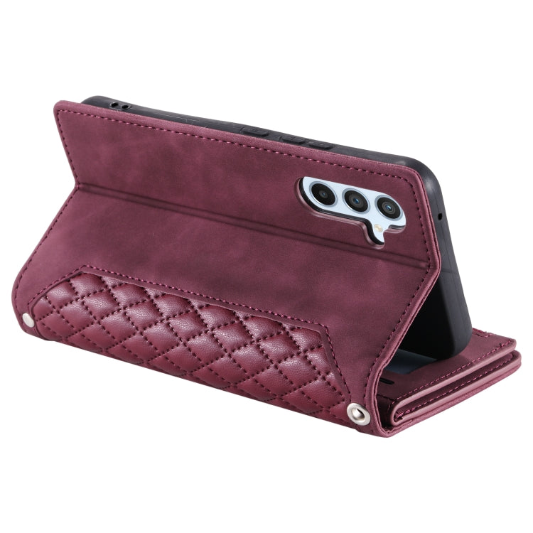 For Samsung Galaxy S25 5G Grid Texture Zipper Leather Phone Case with Lanyard(Wine Red) - Galaxy S25 5G Cases by buy2fix | Online Shopping UK | buy2fix